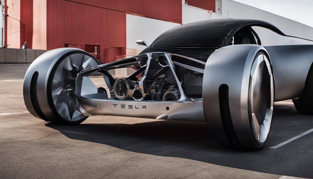 Image of a Tesla chassis exhibiting the materials and design elements described in the text.