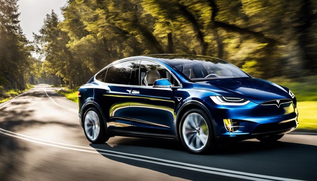 The image shows a Tesla Model X vehicle driving on a sunny road.